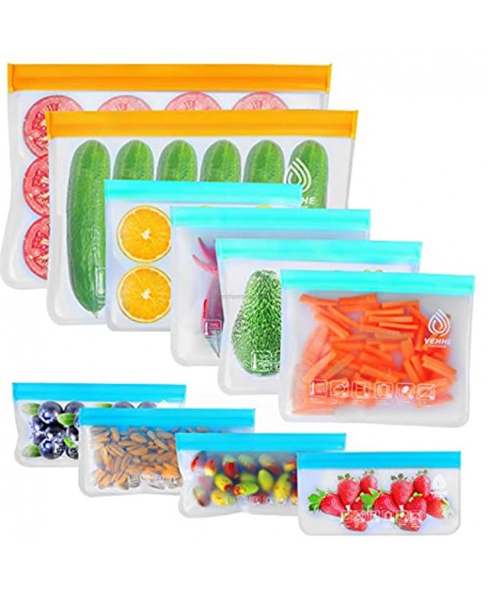 VEHHE 10 Pack Reusable Storage Bags 2 Reusable Food Freezer Bags + 4 Reusable Sandwich Bags Washable + 4 Snack Bags Extra Thick Silicone Free Lunch Bags For Marinate Food Vegetable Meat Fruit