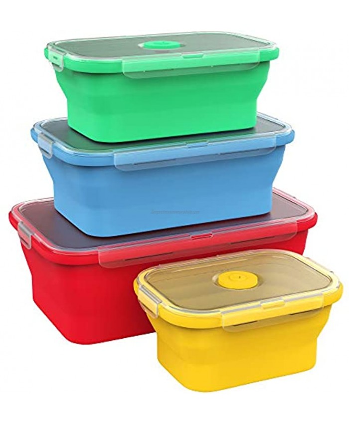 Vremi Silicone Food Storage Containers with BPA Free Airtight Plastic Lids Set of 4 Small and Large Collapsible Meal Prep Container for Kitchen Lunch Boxes Microwave and Freezer Safe