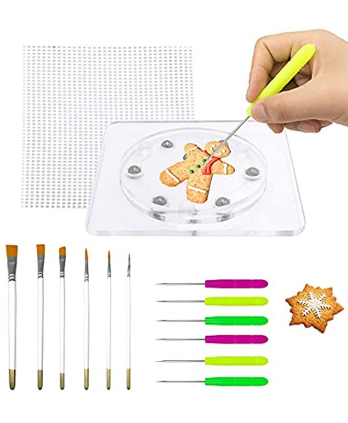 18PCS Cookie Supplies Including 1PCS Acrylic Cookie Decorating 6PCS Cookie Scribe Needle 2PCS Silicone Mesh Mats 6PCS Cookie Decoration Brushes 3 PCS Rubber Feet Bumpers