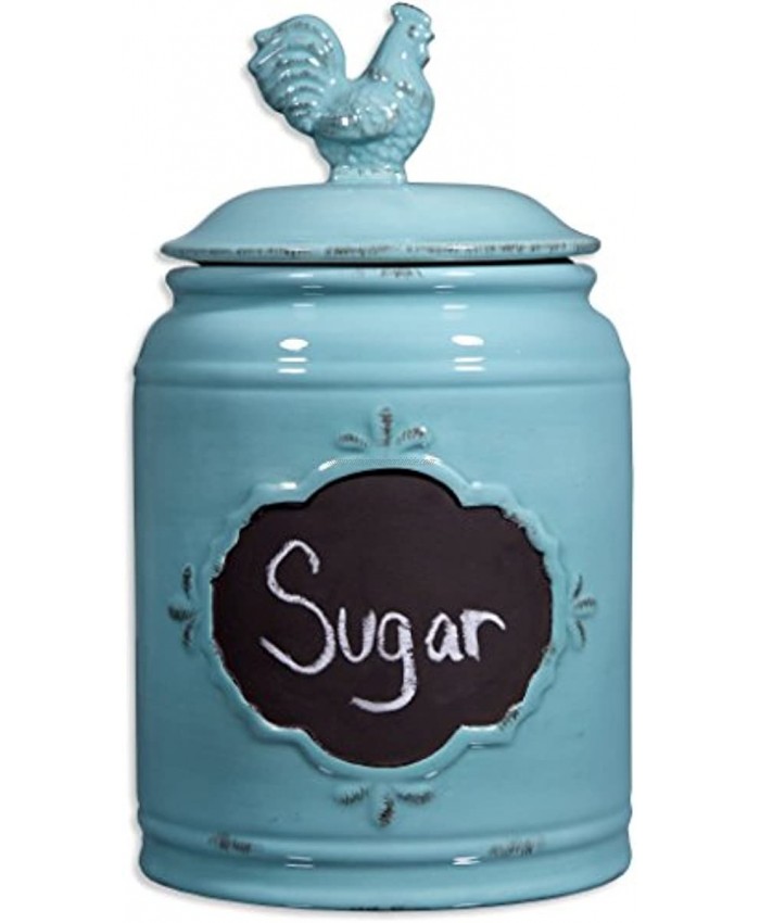 Ceramic Aqua Jar with Rooster Finial Lid & Chalkboard Single Canister Classic Vintage Design for Flour Sugar Cookies 62oz.