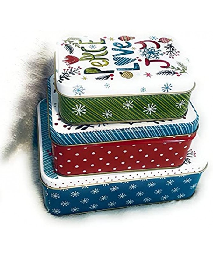 Premium Christmas Cookie Tins Set of 3 Decorative Square Cookie Gift Tins Extra Thick Steel Large Medium and Small Sizes JOY LOVE PEACE FESTIVE TINS