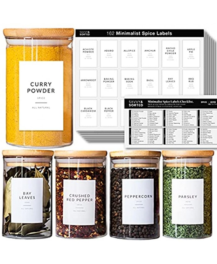 162 Minimalist Spice Jar Labels Preprinted Spice Stickers Black Text on White Waterproof Label Fits Round Bamboo Jars or Rectangular Spice Jars Herb Seasoning Kitchen Pantry Labels Stickers