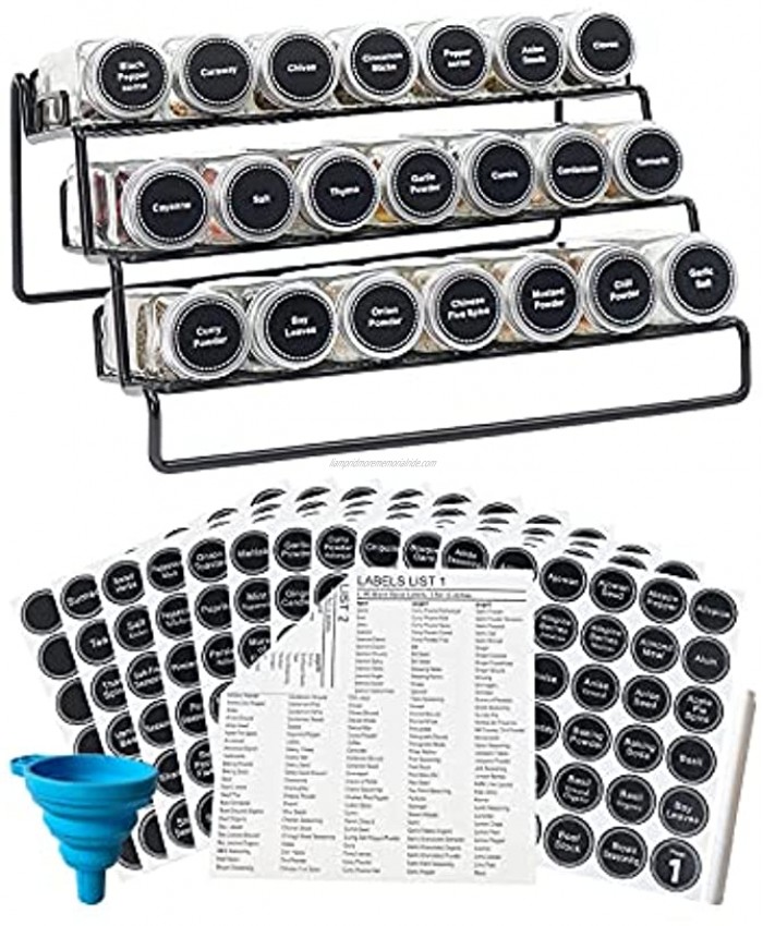 3 Tier Cabinet Spice Rack Organizer with 21 Empty Glass Spice Jars 4oz 386 Spice Labels Chalk Marker and Funnel for Pantry Cupboard or Countertop Black
