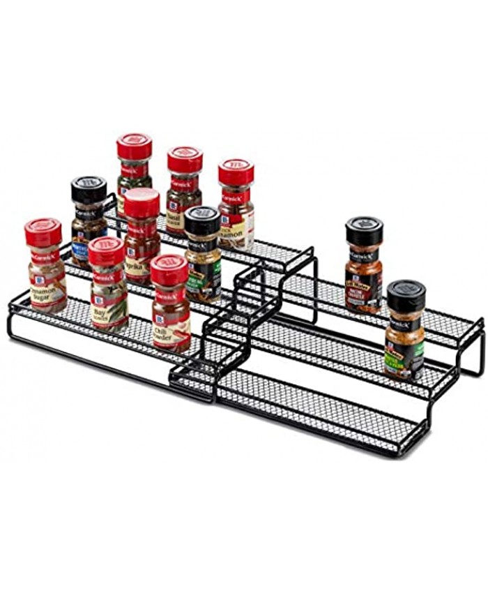 3 Tier Expandable Spice Rack Organizer for Cabinet Black Modern Pantry Kitchen Countertop Stand 3 Step Shelf Expands 12 to 24 Inches