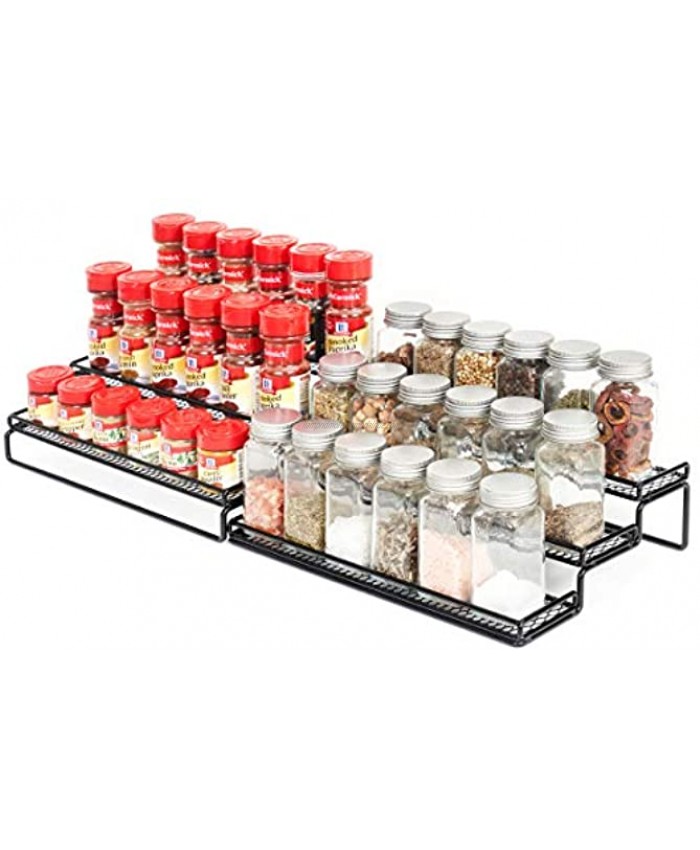 3 Tier Expandable Spice Rack Organizer for Cabinet Pantry or Countertop 12.5 to 25W Kitchen Step Shelf with Protection Railing Black