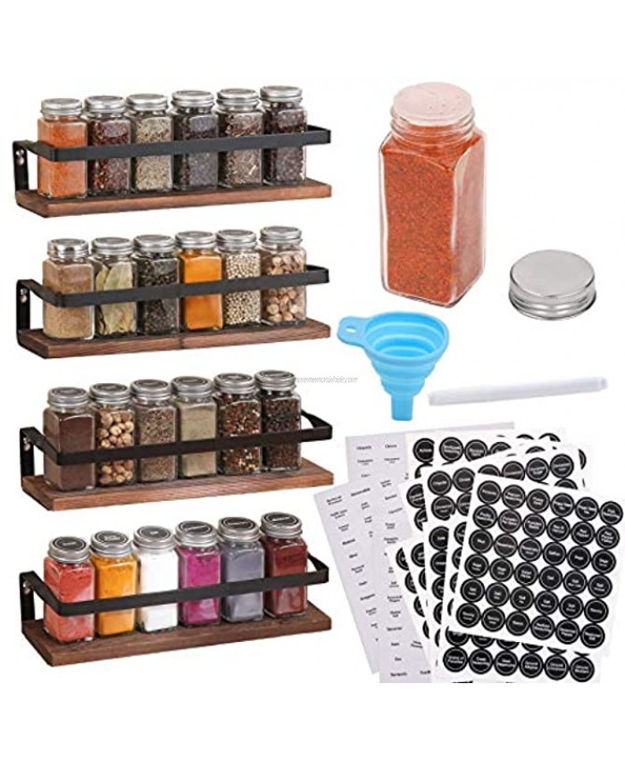 Aozita 4 Pack Spice Rack with Jars 25 Glass Spice Jars Hanging Spice Rack for Cabinet Space Saving Rustic Wood Floating Shelves Spice Labels Chalk Marker and Silicone Collapsible Funnel Included