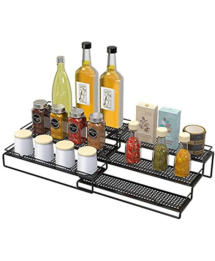 Bextsrack Expandable Spice Rack Organizer for Cabinet 3-Tier Step Shelf Seasoning Organizer with Protection Railing for Kitchen Countertop Black