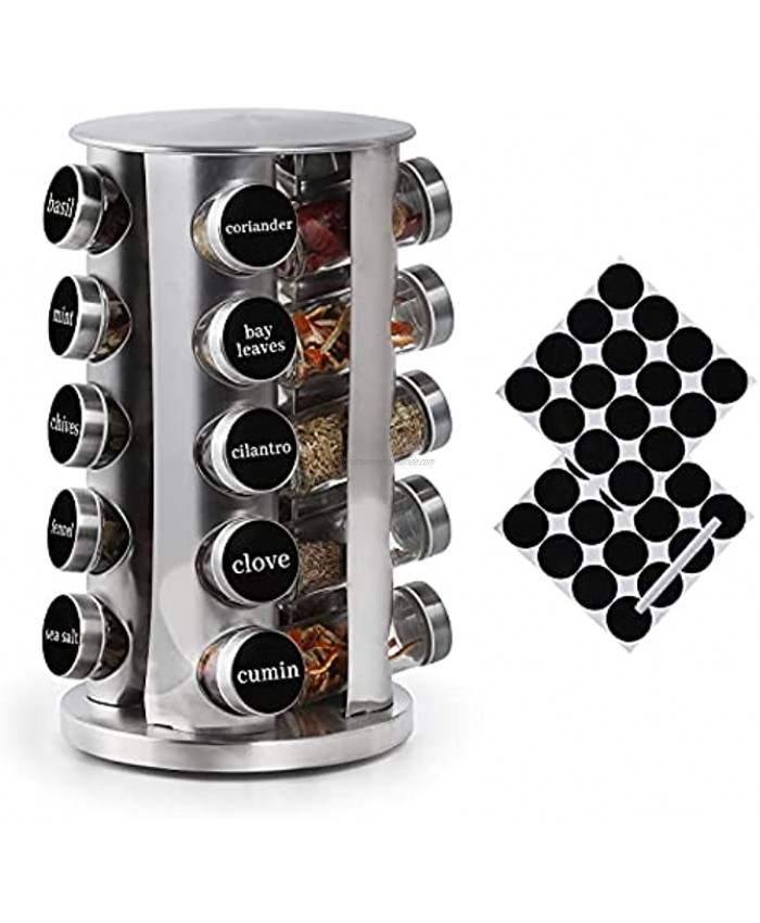 DOUBLE2C Spice Rack Organizer for Countertop Revolving Stainless Steel Seasoning Storage Organization Spice Carousel Tower for Kitchen Set of 20 Jars