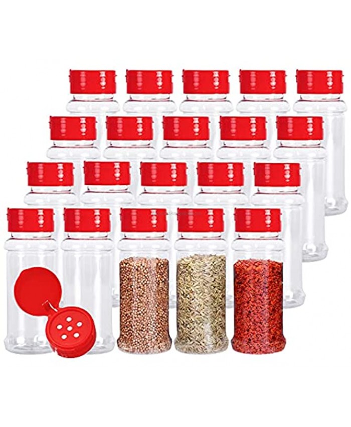 Kingrol 20 Pack 7 oz Plastic Spice Jars with Red Sifter Caps Reusable Seasoning Jars for Powders Herbs Spices Sauces
