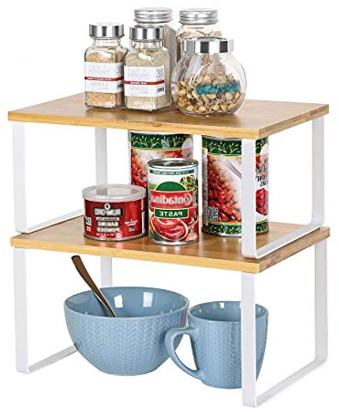 NEX Bamboo Kitchen Cabinet and Counter Shelf Organizer Stackable & Expandable White and Natural