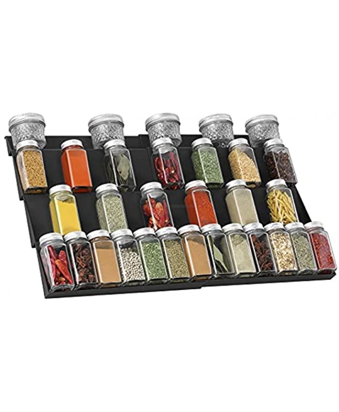 QIZENME Spice Rack Plastic Spice Drawer Organizer for Kitchen Drawer Cabinets- Adjustable 4 Slanted Tier Spice Storage Organizer Insert for Drawer Kitchen Expands 12to 23-1 4W 2 Pack Black
