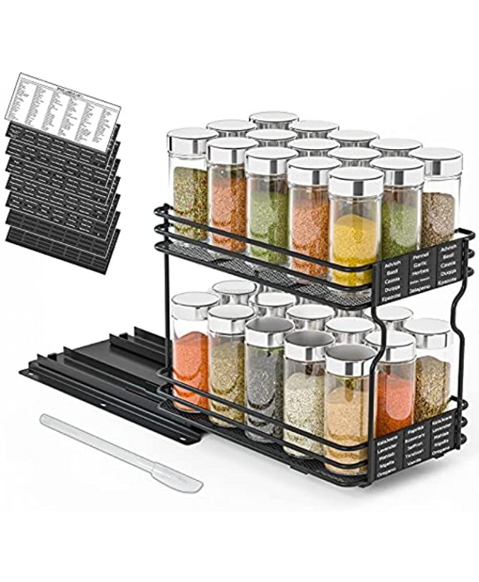 SpaceAid Pull Out Spice Rack Organizer for Cabinet Heavy Duty Slide Out Seasoning Organizer for Kitchen Cabinets with 415 Labels and Chalk Marker 6.5W x10.5D x8.5H 1 Drawer 2-Tier Black