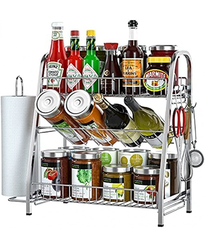 Spice Rack Organizer for Cabinet Countertop 3-Tier Seasoning Organizer with Paper Towel Holder & 3 Hooks SUS304 Stainless Steel Counter Storage Shelf with Guardrail for Kitchen Bathroom Office