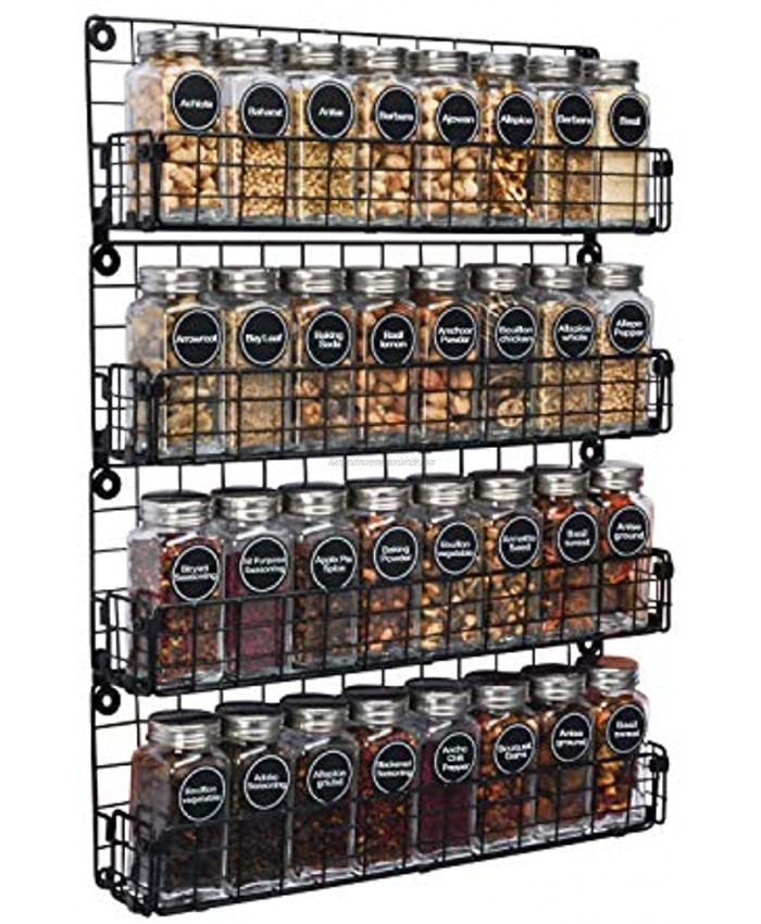 Spice Rack Organizer Wall Mounted 4-Tier Stackable Black Iron Wire Hanging Spice Shelf Storage Racks,Great for Kitchen and Pantry Storing Spices Household Items,Bathroom and MorePatent No.:US D909,138 S