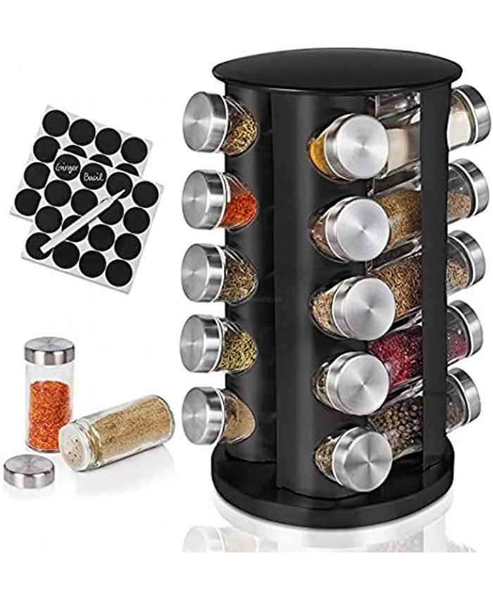 Spice Rack with 20 Jars Spice Rack Organizer for Countertop Standing Rotating Spice Holder with 32 Reusable Labels and 1 Mark Pen Countertop Spice Rack Tower Black