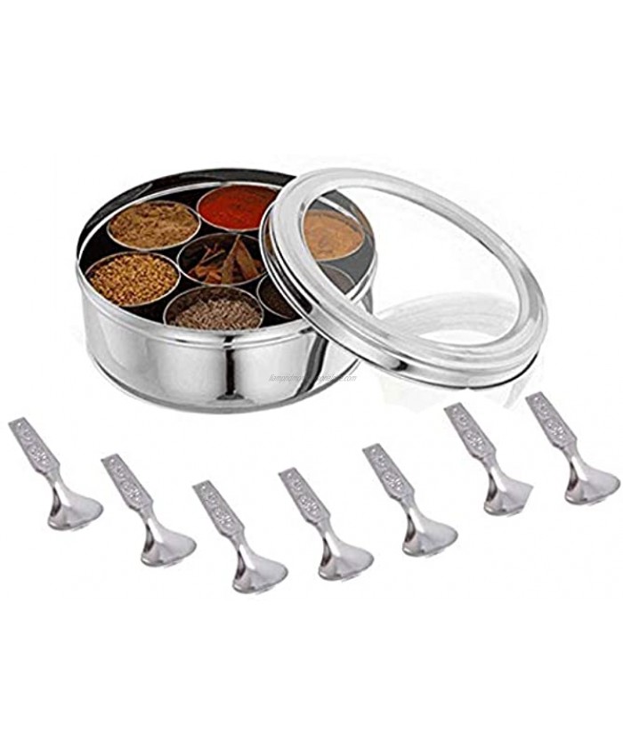 Stainless Steel Spice box with Non Breakable Transparent glass ,Stainless Steel Spice Box with 7 container and 2 spoons,Spice Box,Size 12 No,Color-Silver