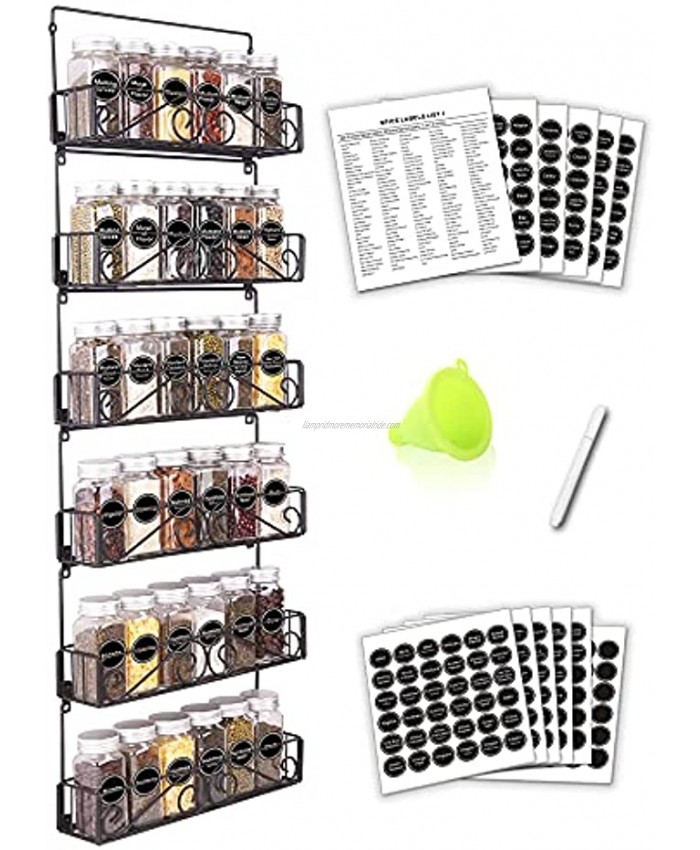 SWOMMOLY 6 Tier Wall Mount Spice Rack Organizer with 36 Spice Jars 396 Spice Labels Chalk Marker and Funnel Complete Set. Stackable Foldable Hanging Spice Shelf Storage Racks.