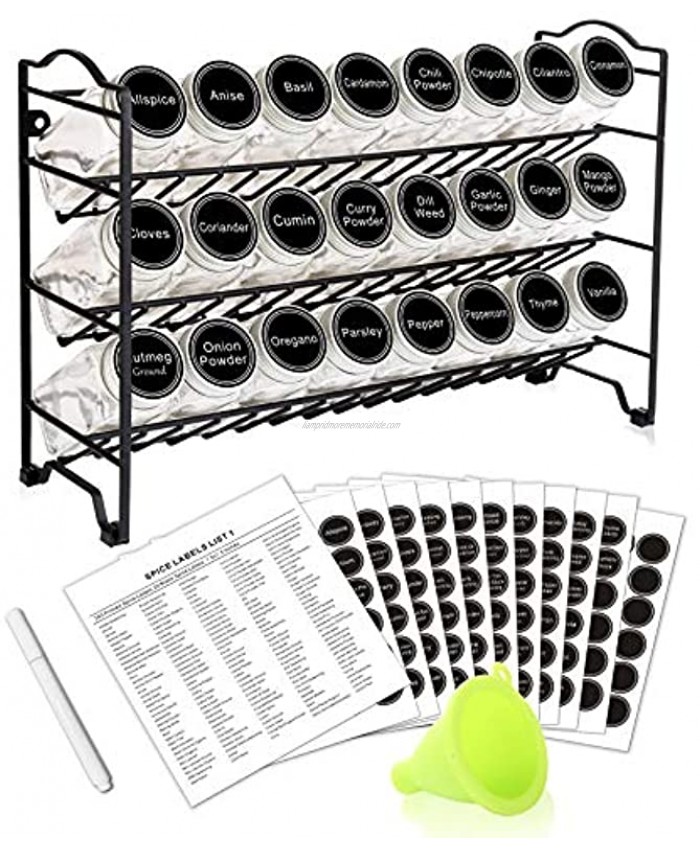SWOMMOLY Spice Rack Organizer with 24 Empty Square Spice Jars 396 Spice Labels with Chalk Marker and Funnel Complete Set for Countertop Cabinet or Wall Mount