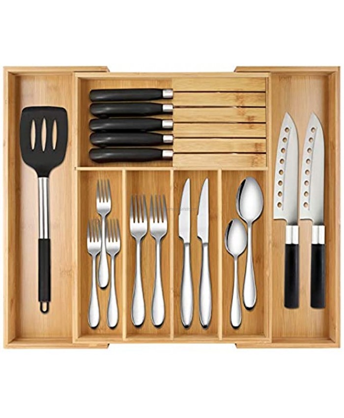 Bamboo Expandable Silverware Holder Drawer Organizer,Kitchen Cutlery And Wooden Utensil Tray Storage Drawers with Divider13-20.3in Removable Knife Block