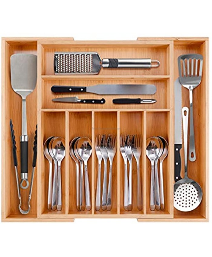Bamboo Kitchen Drawer Organizer Expandable Silverware Tray Utensil Organizer Cutlery Holder for Flatware and Kitchen Utensils 9 Slots 2.5 Deep
