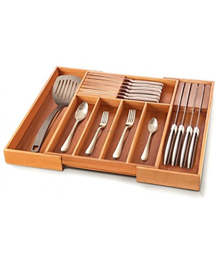 Bambüsi Silverware Drawer Organizer Bamboo Expandable Cutlery Tray with 2 Removable Knife Blocks Kitchen Drawer Divider for Flatware and Utensils with Steak Knives Holder