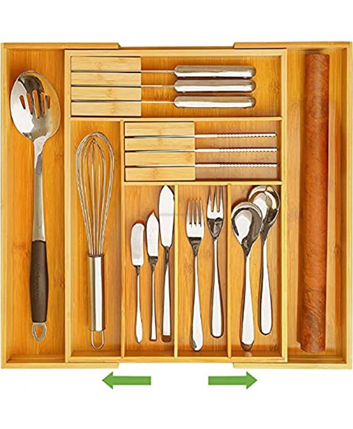 Biemlerfn Expandable Kitchen Drawer Organizer with 2 Free Knife Blocks Bamboo Silverware Tray for Drawers | 13-19.5 Ajustable Utensil Holder and Cutlery Tra | 6-8 Slots for Flatware Tools Cosmetics