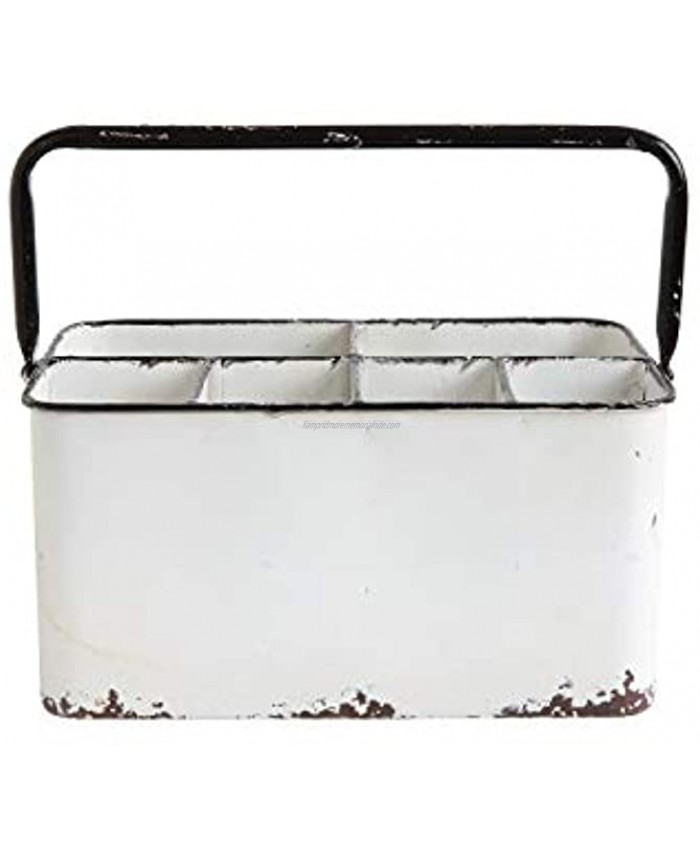 Creative Co-Op Distressed Metal Caddy Enamel Finish with Black Rim and 6 Compartments 11 L x 6-1 4 W x 9 H White