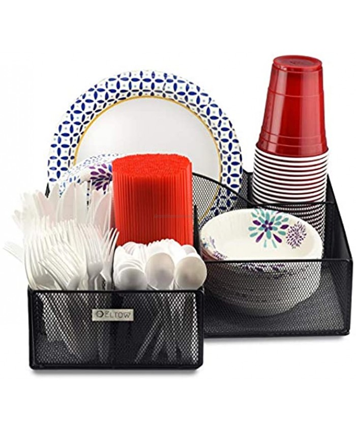 Eltow Black Plate and Cutlery Organizer: Large Kitchen Spoon Fork Knives and Cups Holder -Stylish Sturdy Bowl Napkin and Tableware Dispenser Home Restaurant BBQ and Picnic Plate Organizer Caddy