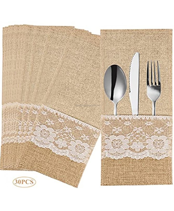 Gbateri 30 Pack Natural Burlap Cutlery Pouch,Burlap Silverware Holders Silverware Bags Hessian Burlap Lace Utensil Napkin Holders Knifes Forks Bag with Cotton Inner for Vintage Wedding Christmas