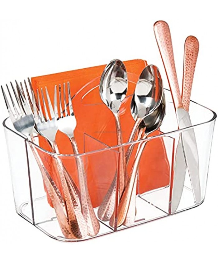 mDesign Plastic Cutlery Storage Organizer Caddy Bin Tote with Handle Kitchen Cabinet or Pantry Basket Organizer for Forks Knives Spoons Napkins Indoor or Outdoor Use Clear