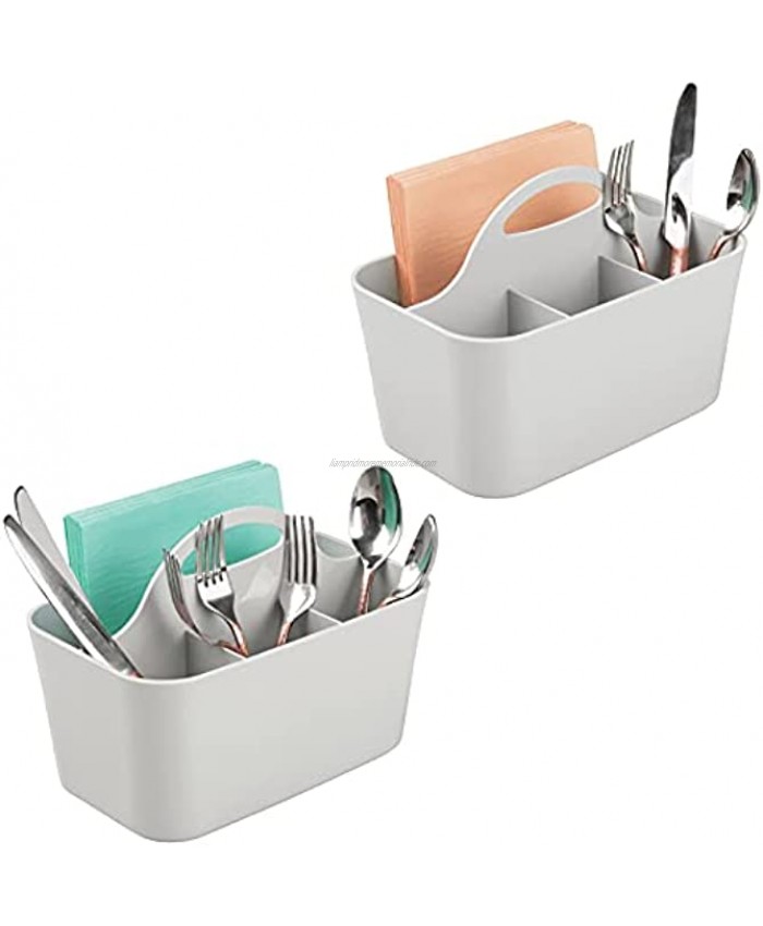mDesign Plastic Cutlery Storage Organizer Caddy Bin Tote with Handle Kitchen Cabinet or Pantry Basket Organizer for Forks Knives Spoons Napkins Indoor or Outdoor Use 2 Pack Light Gray