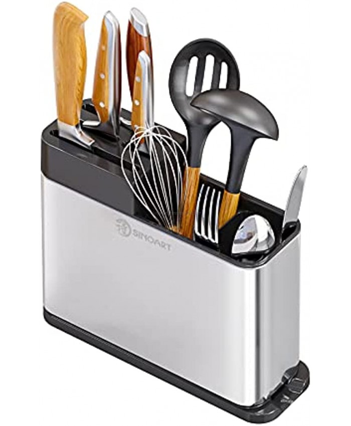 SINOART Kitchen Dining Utensil Holder Knives Block with Drainage,Utensil Caddy for Forks Spoons Large