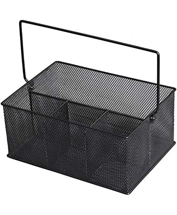 YBM Home Mesh Basket Utensil Holder & Picnic Silverware Caddy Organizer with Four Compartments and Napkin Storage Black