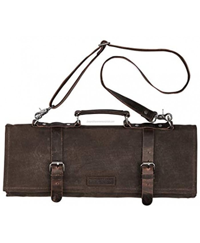 Chef Knife Roll Bag Handmade Waxed Canvas and Leather Knife Bag Stores 10 Knives + Zipper Pocket and Shoulder Strap Dark Brown