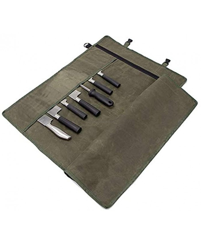 Chef’s Knife Roll Bag Waxed Canvas Knife Cutlery Carrier Portable Chef Knife Cases Knife Pouch Holders With 10 Slots Plus 1 Zipper Pockets Can Hold Home Kitchen Knife Tools Up To 18.8”Army Green
