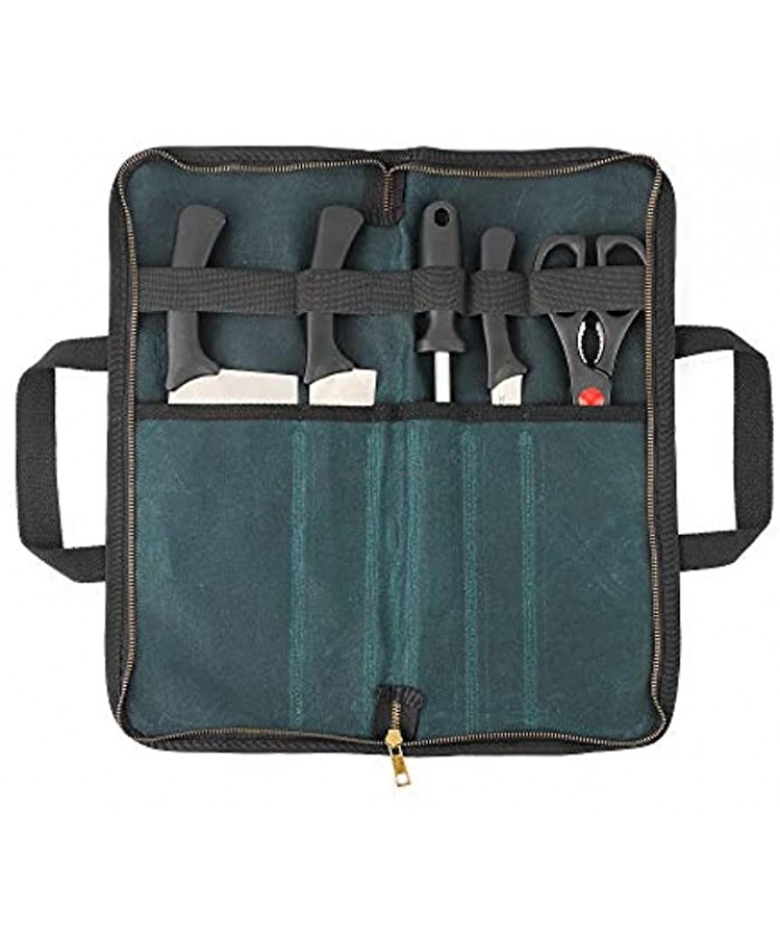 Chef's Travel Knife Case Portable Knife Roll Bag For Men And Women Waterproof Waxed Canvas Strong Zipper 5 Slots Dark Green