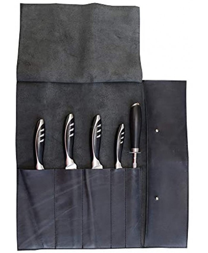Hide & Drink Rustic Leather Knife Roll Case 5 pockets Compact Carry On Bag for Traveling Chefs & Cooks Kitchen Tool Storage Organizer Handmade Includes 101 Year Warranty Charcoal Black