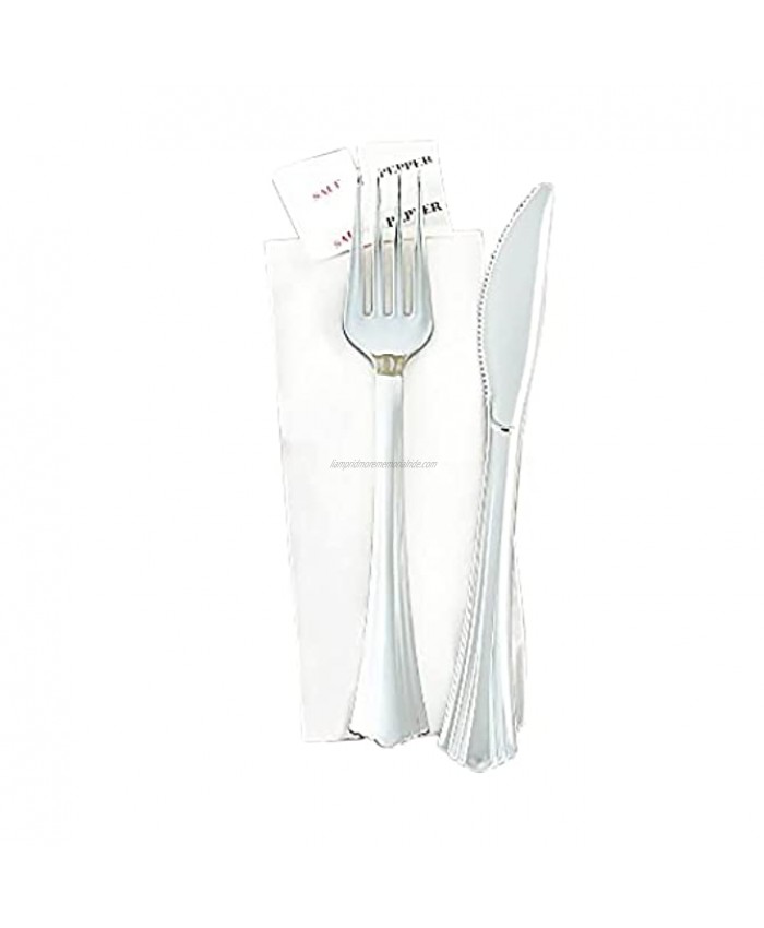 Reflections Plastic Fork Knife Salt Pepper and Napkin Kit Silver 125-Count