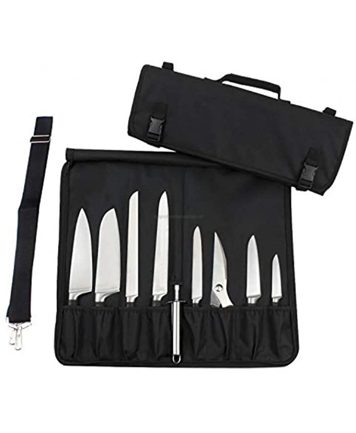 Tosnail Chef Knife Case Roll Bag with 15 Slots Easy Carry Handle and Shoulder Strap Black