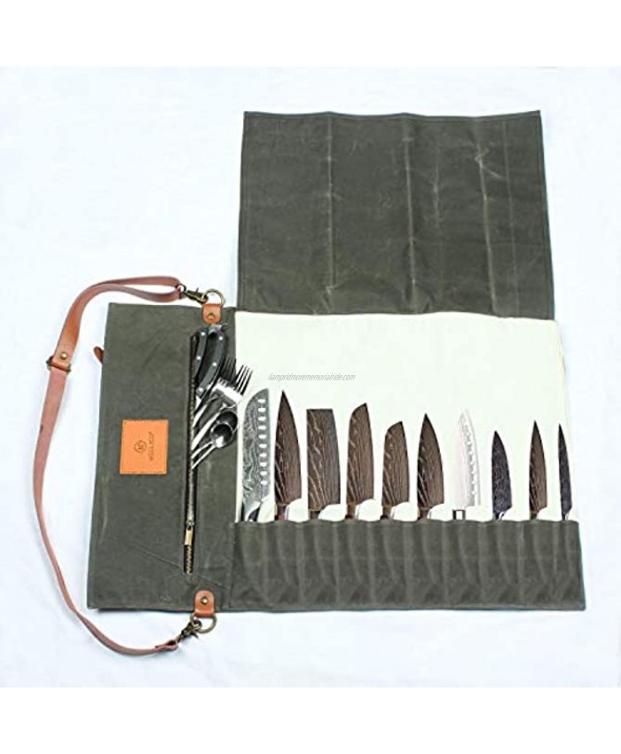Wessleco Chef Knife Roll Bag 10 Pockets Waxed Canvas Knife Carrying Case Storage with Handle & Shoulder Strap Zipper Pouch for Culinary Tools Knives Not Included