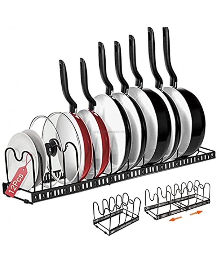 Pots and pans organizer 12+ Pans and Pots Lid Organizer Rack Holder for Kitchen Counter and Cabinet Pot Pan Lid Rack Bakeware Organizer Rack Holder with 12 Adjustable Compartments Black