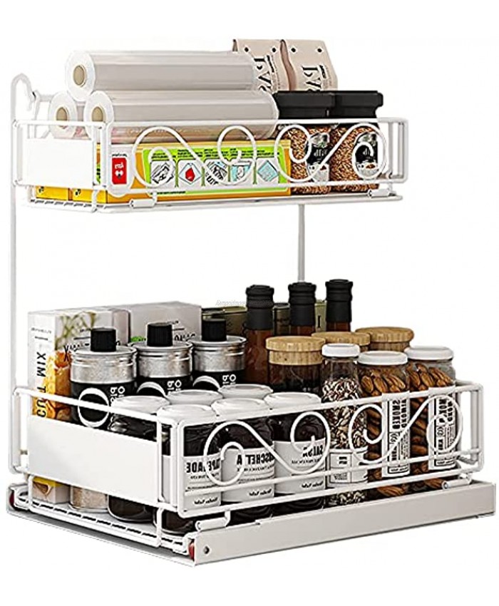 Spice Organizer for Cabinet，BREIS 2 Tier Metal Slide Out Under Sink Storage Shelves with Ball Sliding Design Pull Out Organizer for Kitchen Bathroom Pantry Vanity 10.43W x 13.19D x 14.76H Request at Least 11 Cabinet Opening White