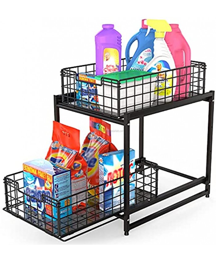 FavoThings Under Sink Cabinet Organizer 2-Tier Stackable Storage Shelf with Sliding Baskets Drawers for Kitchen Bathroom Office Black