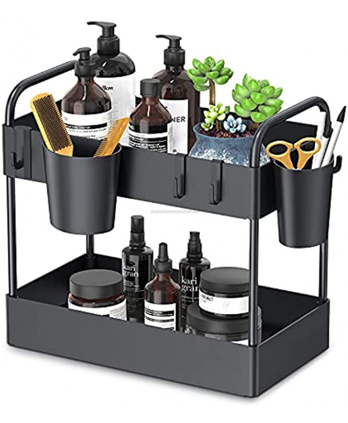 FURTIME Under Sink Organizer 2 Tier Kitchen Under Sink Storage Bathroom Countertop Organizer with 6 Hooks 2 Hanging Cups and Anti-Foot for Bathroom Kitchen Spice Makeup Cosmetics Vanity Narrow Space