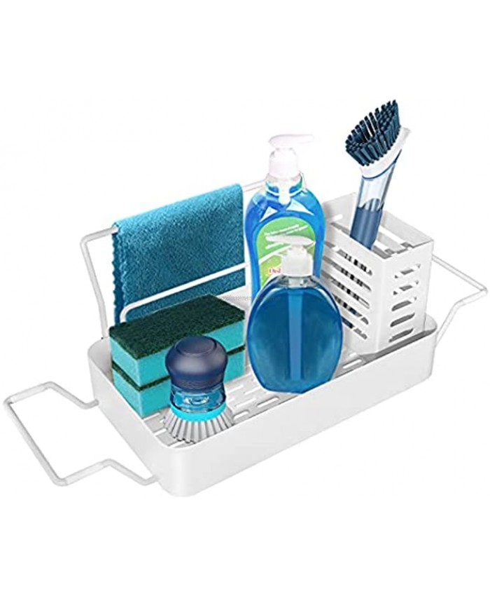 LSK Telescopic Sink Storage Rack  Adjustable Sink Organizer Sponge Soap Caddy ,Over Sink Expandable Kitchen Brush Dishcloth Holder ,Wall Mounted ,Stainless Steel White