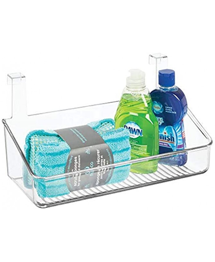 mDesign Plastic Over Cabinet Door Storage Organizer Bin for Kitchen Pantry Bathroom Laundry Utility Room Hang Outside or Inside Door Holds Lunch Bags Shampoo Cleaning Supplies Small Clear