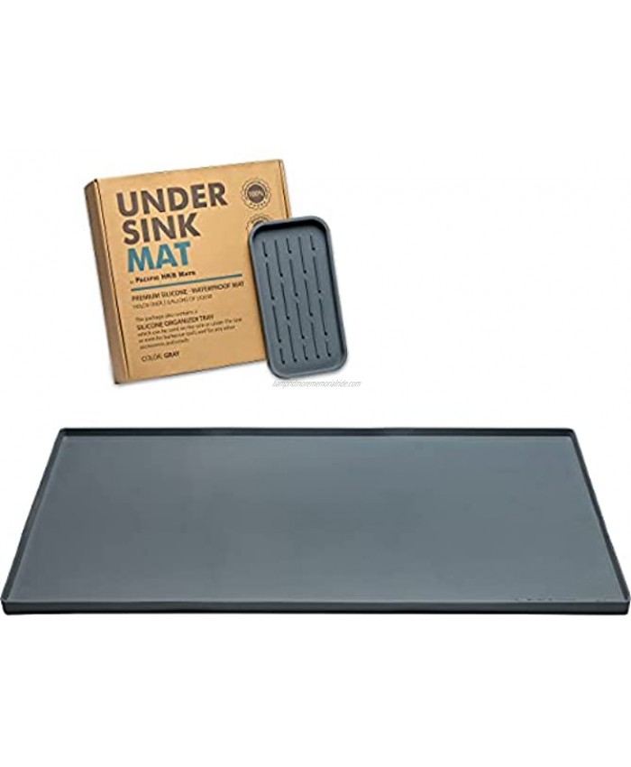 Under Sink Mat for Kitchen Cabinet Waterproof Silicone Mat Holds over 2 gallons Under Sink Liner for Leaks Drips Spills Easy to clean Size 34.25”x22” with Organizer Tray by PHKBM Grey