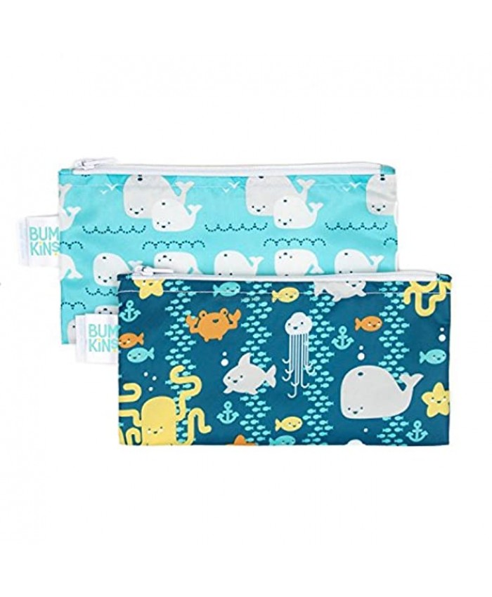 Bumkins Snack Bags Reusable Fabric Washable Food Safe BPA Free Sea Friends & Whales Away 2-Pack