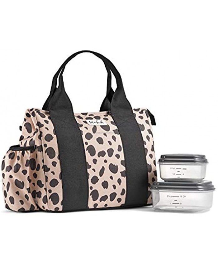 Fit & Fresh Sanibel Two Containers Cooler Large Tote Insulated Box Thermal Water Bottle Holder Lunch Bag for Women Picnic School Work Cheetah