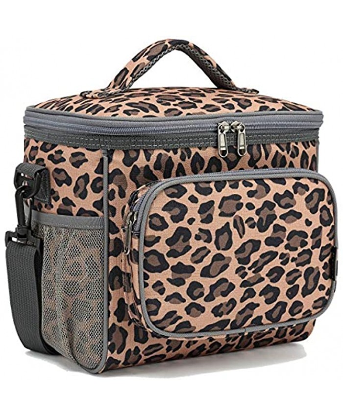 FlowFly insulated Reusable Lunch Bag Adult Large Lunch Box for Women and Men with Adjustable Shoulder Strap,Front Zipper Pocket and Dual Large Mesh Side Pockets Leopard